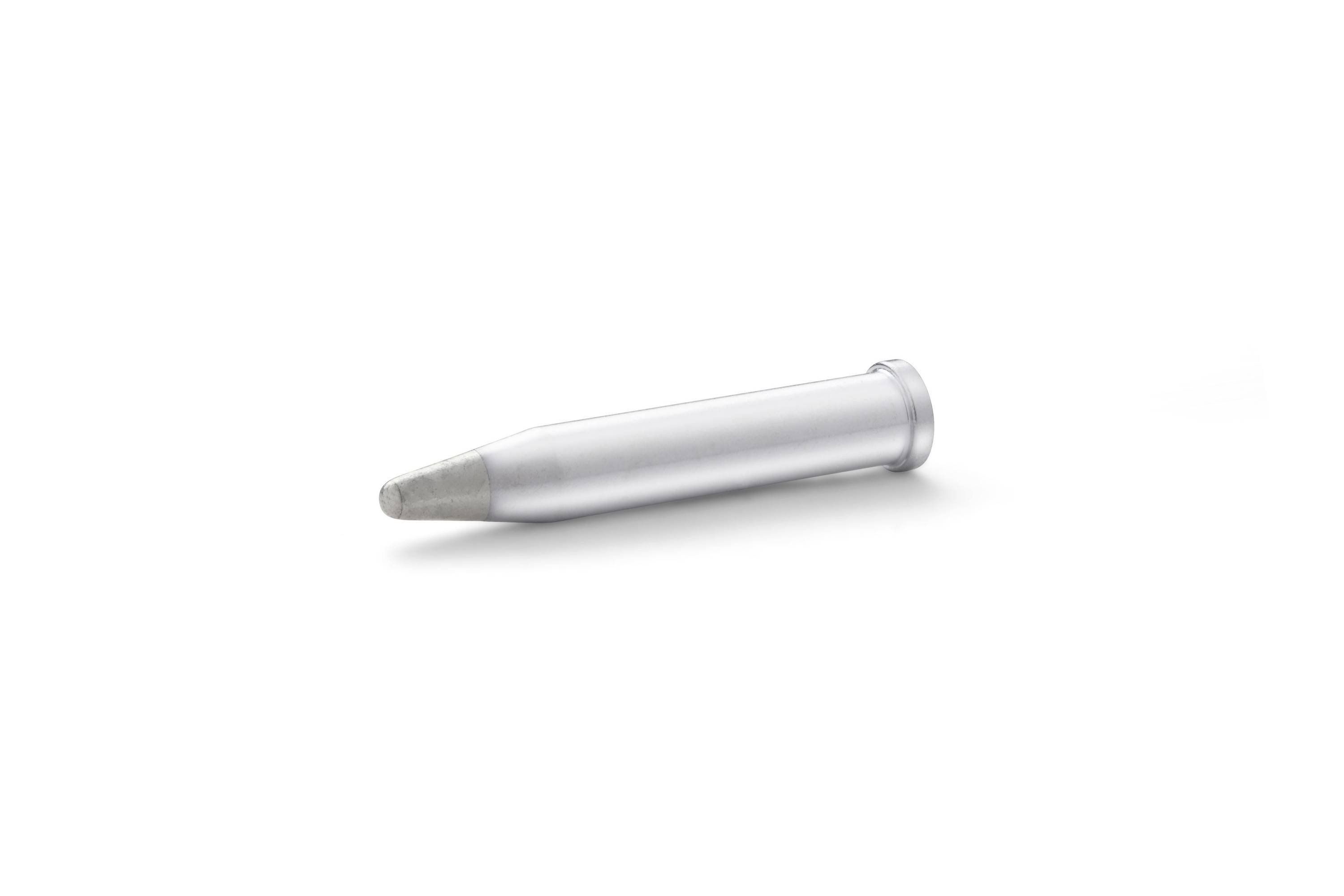 A metallic cylindrical stylus pen lying on a white background.
