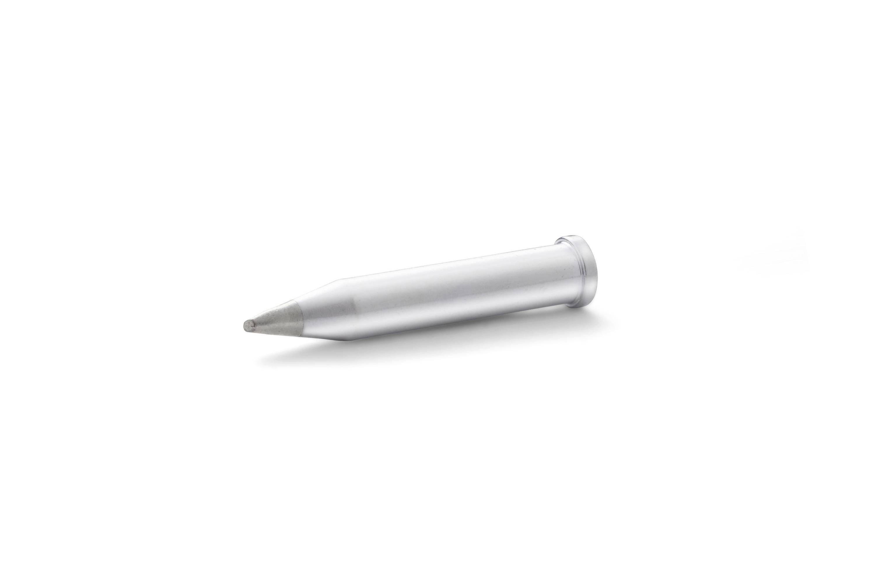 Silver metal pen refill laid horizontally on a white background, shown in close-up.