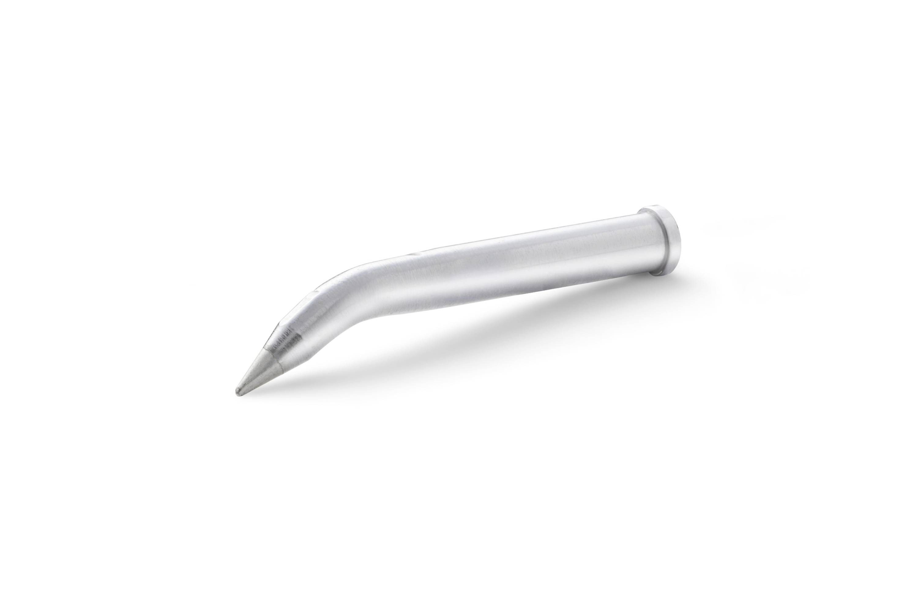 Metallic curved pen nib with a pointed tip on a white background.