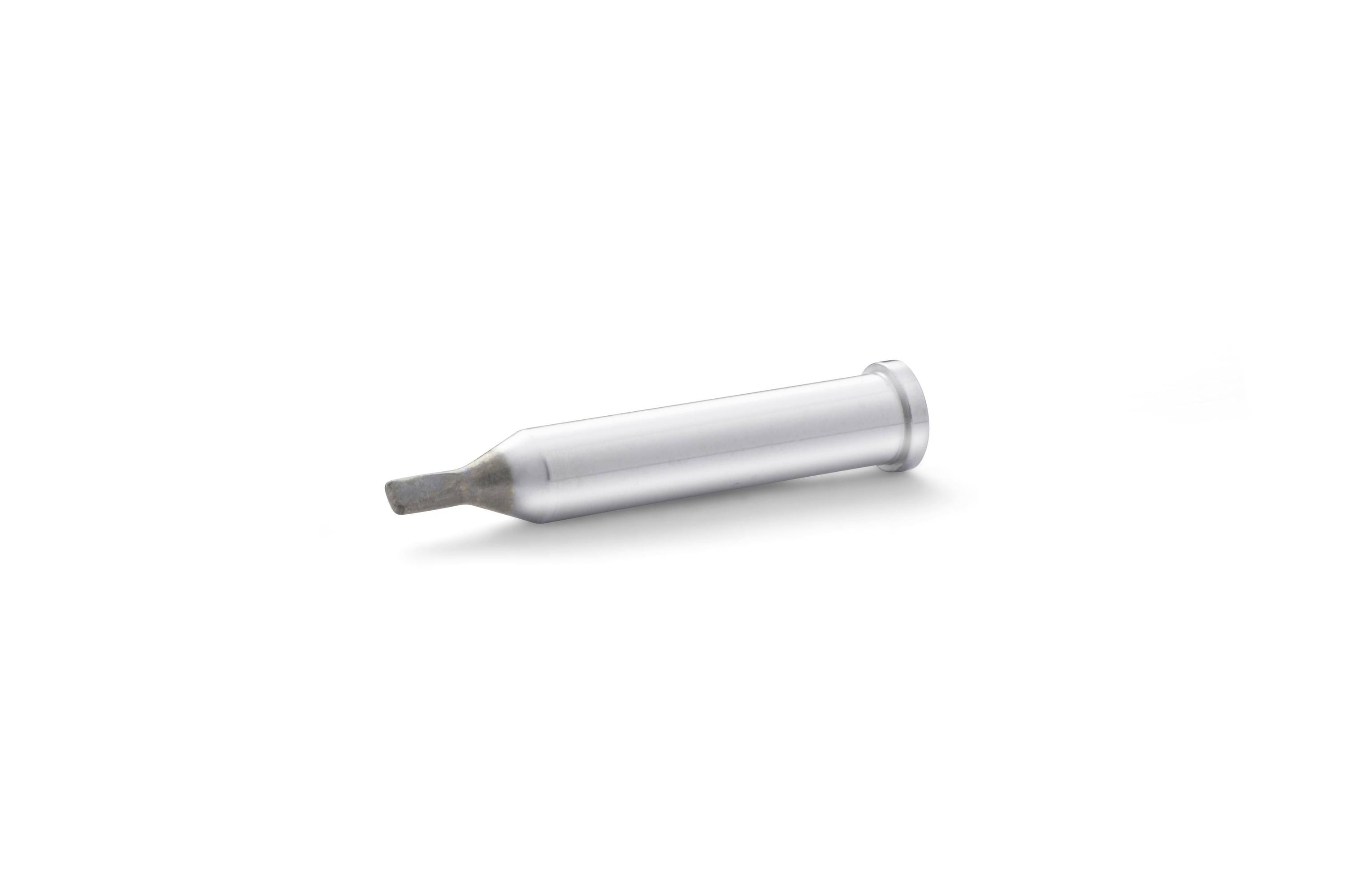 Silver automotive catalytic converter on a white background, shown in side view.