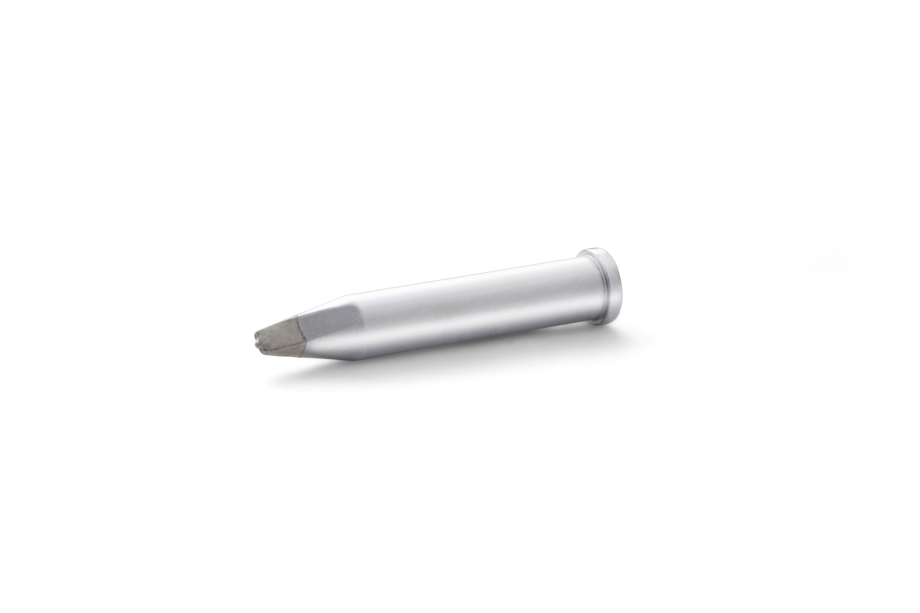 Silver bullet-shaped projectile lying on a white background, angled slightly upward to the right.