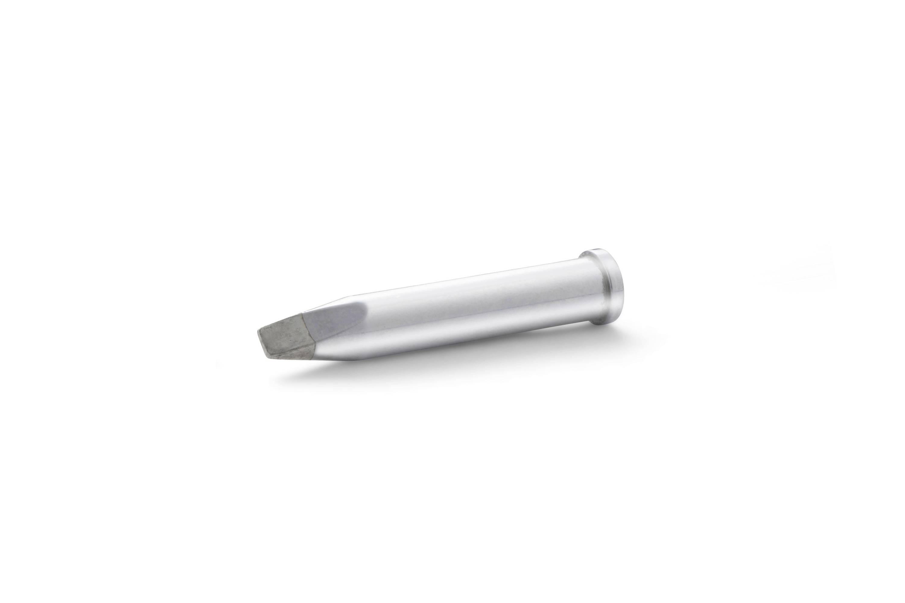 Metal drill bit with a flat chisel tip, isolated on a white background.