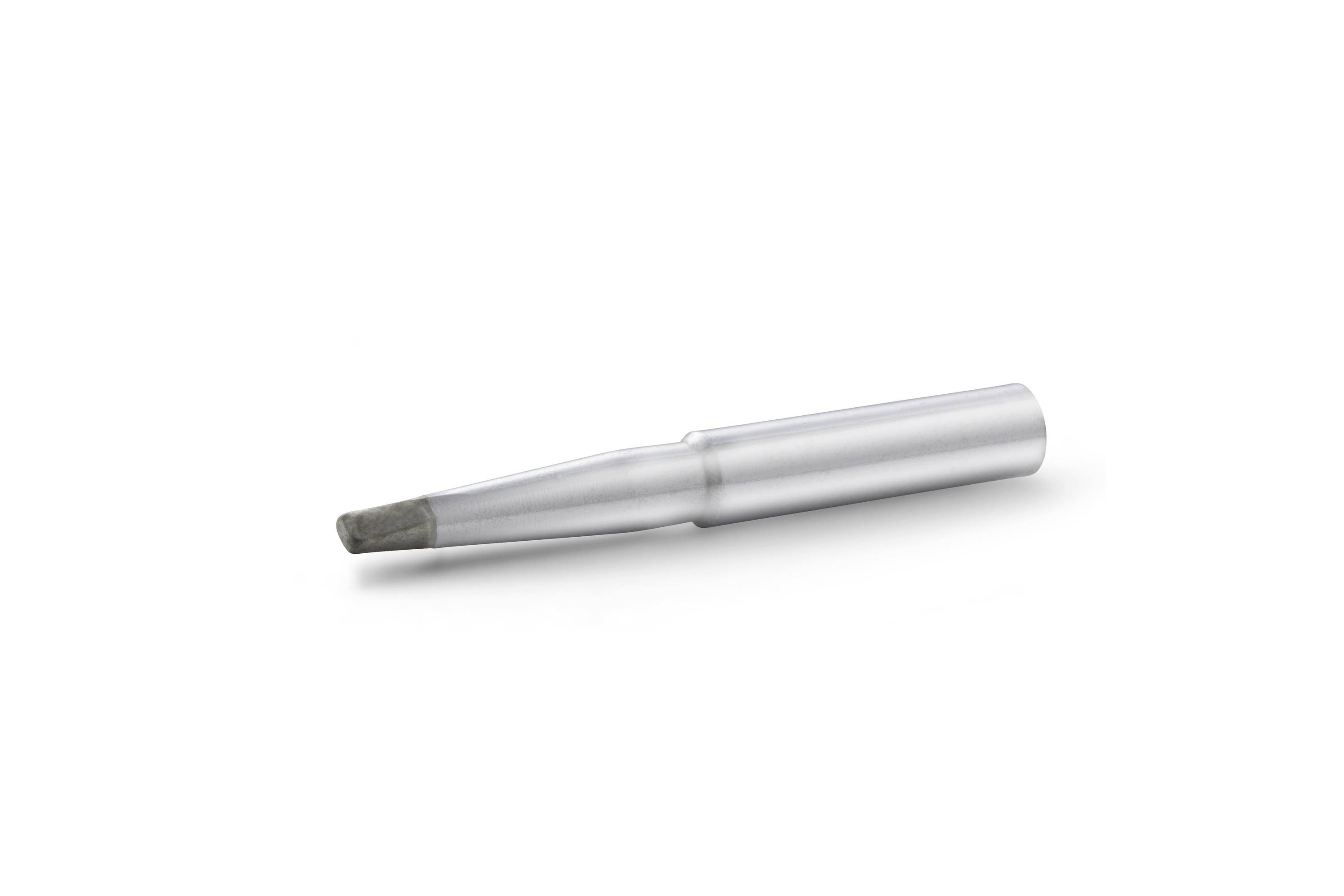 Silver soldering iron tip with a darkened worn end on a white background.