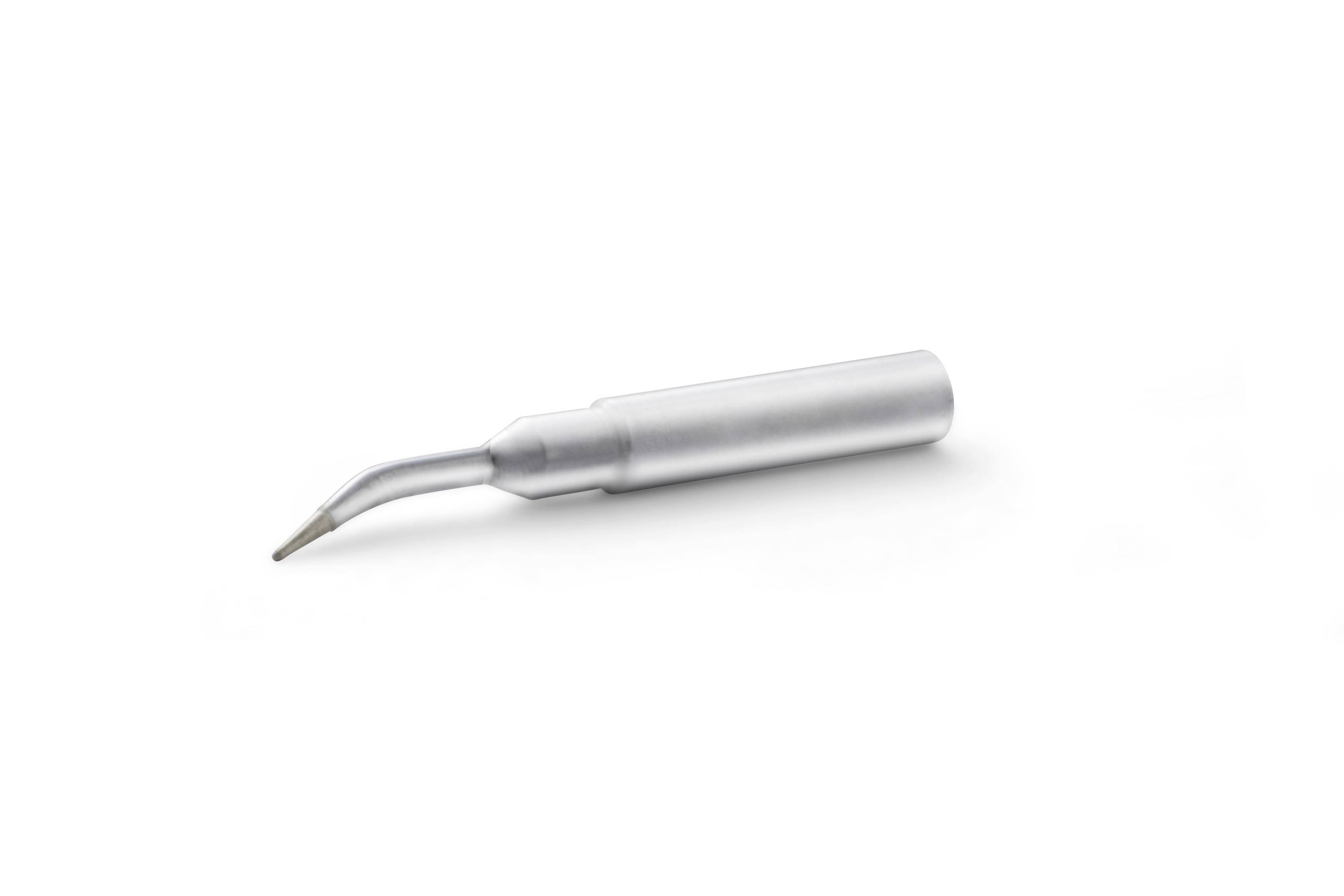 A silver dental scaler or probe with a curved pointed tip on a white background.
