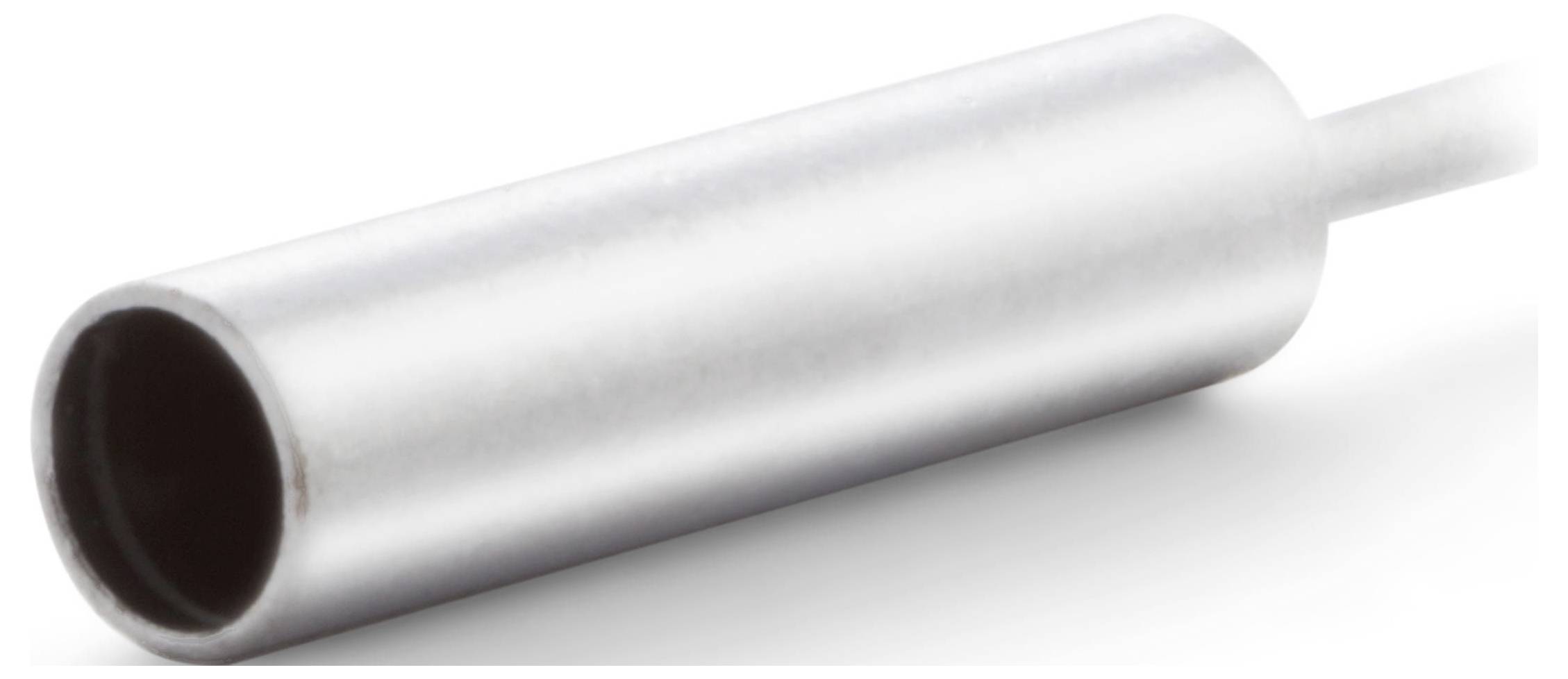 Silver metal muffler or exhaust pipe with a cylindrical body and hollow opening, shown on a white background.