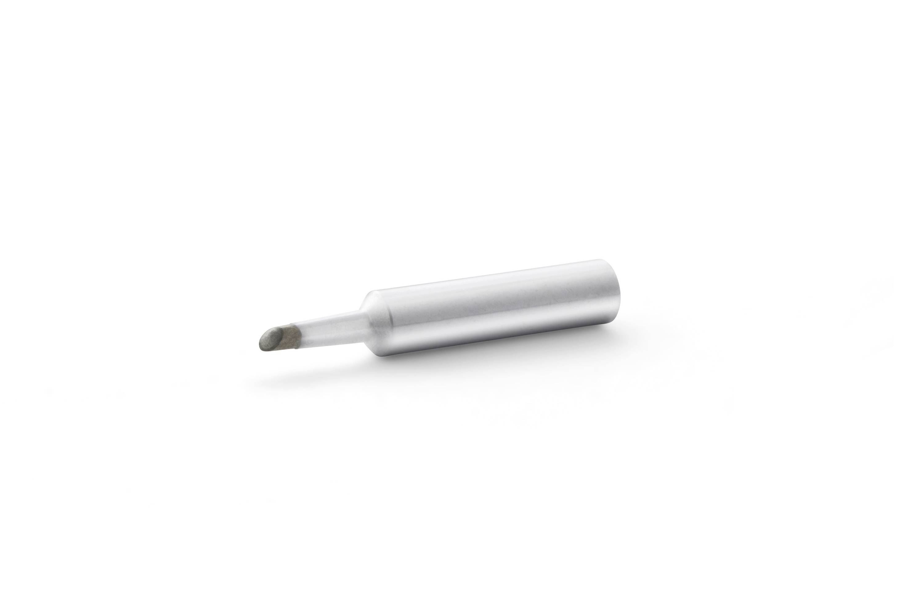 Silver screwdriver bit on a white background, shown in close-up at a slight angle.