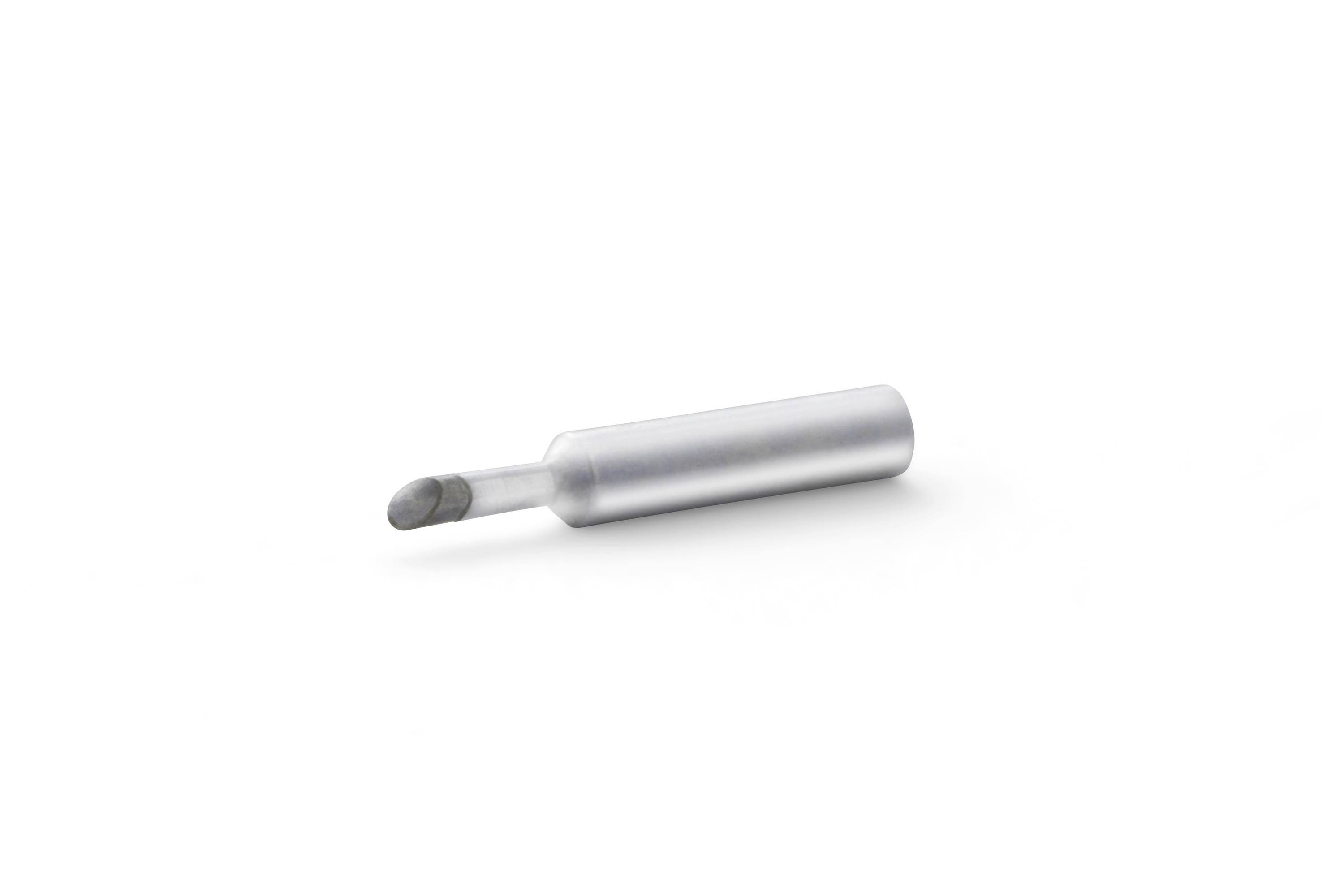 A silver metal vape cartridge with a dark mouthpiece, shown isolated on a white background.