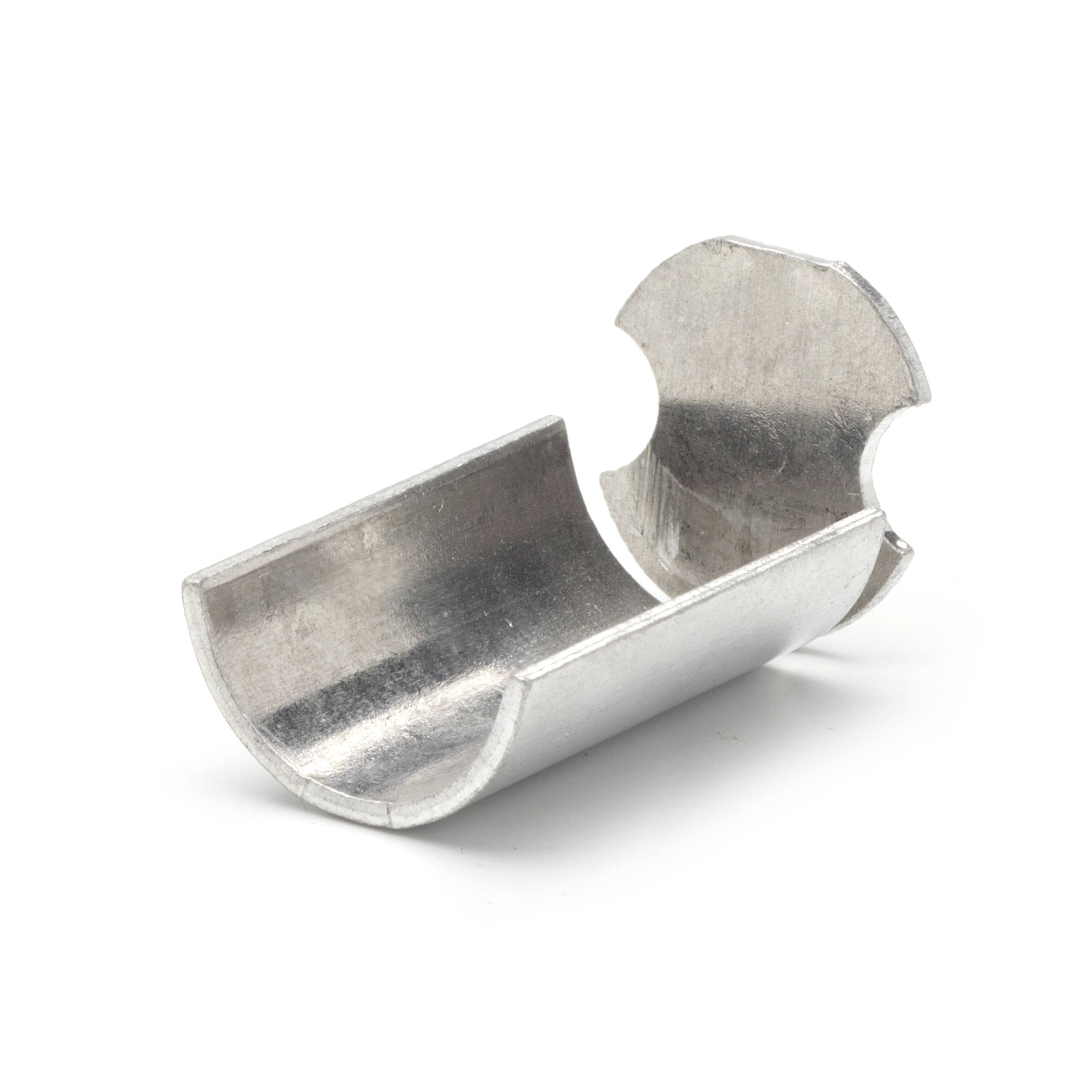 Metal pipe coupling fitting with two half-cylinder openings on a white background.