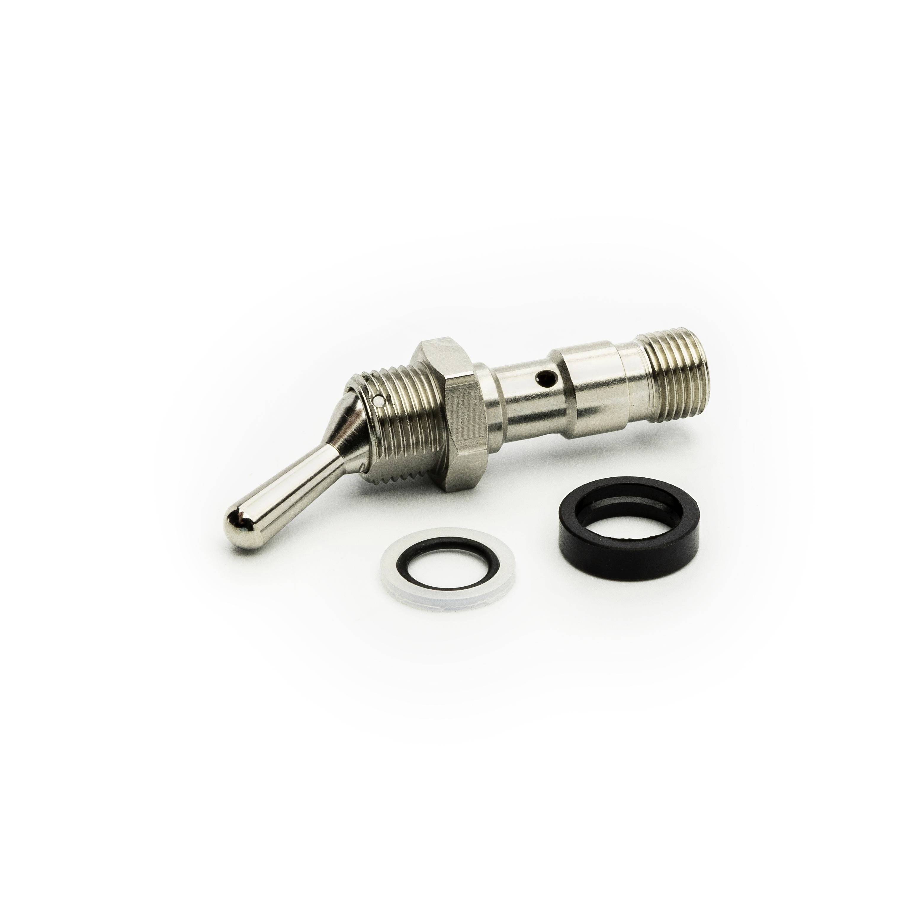 Metal toggle switch with threaded shaft, shown with black and white mounting washers on a white background.
