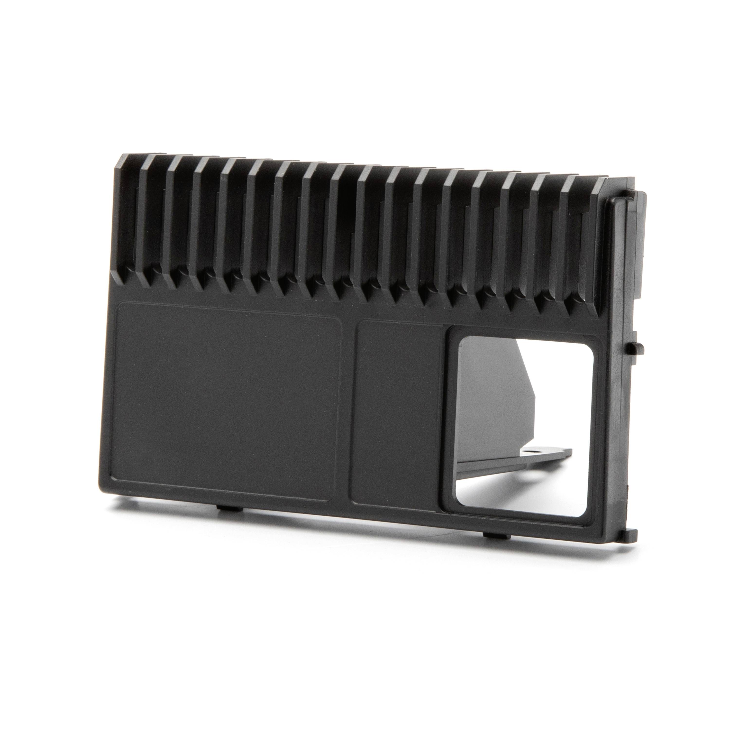 Black rectangular electronic housing with cooling fins and a square side opening, shown on a white background.