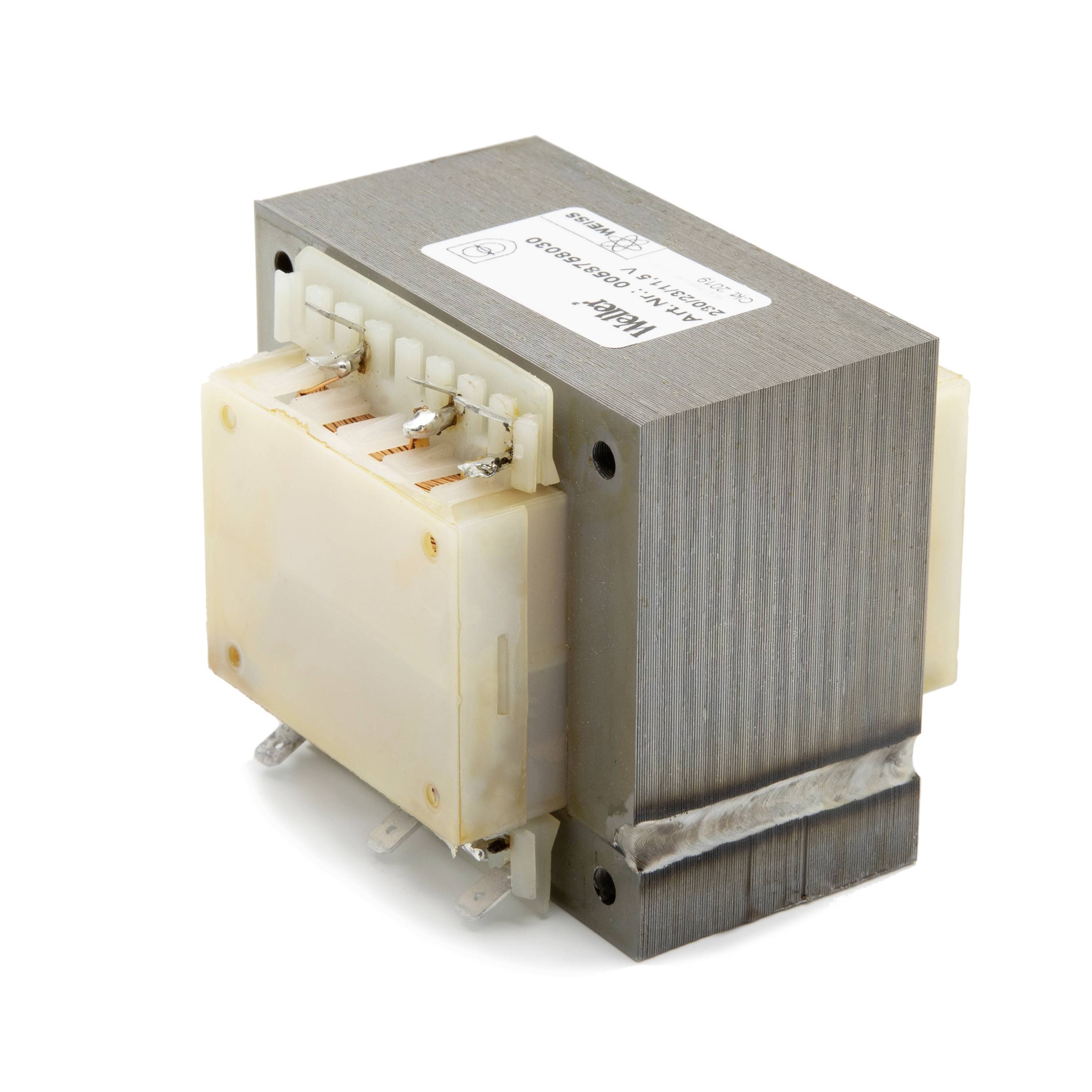 Close-up of an electrical transformer with metal core and white plastic winding housing, shown on a white background.