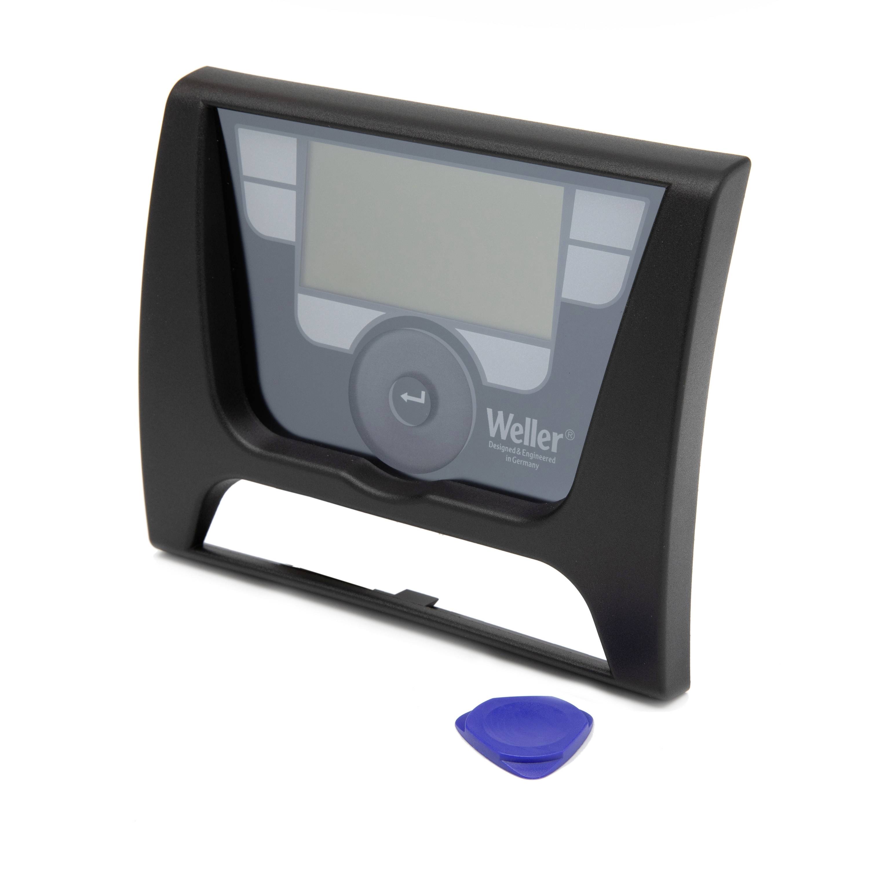 Black Weller-branded digital display unit with a clear protective lens, shown with a small blue pry tool on a white background.