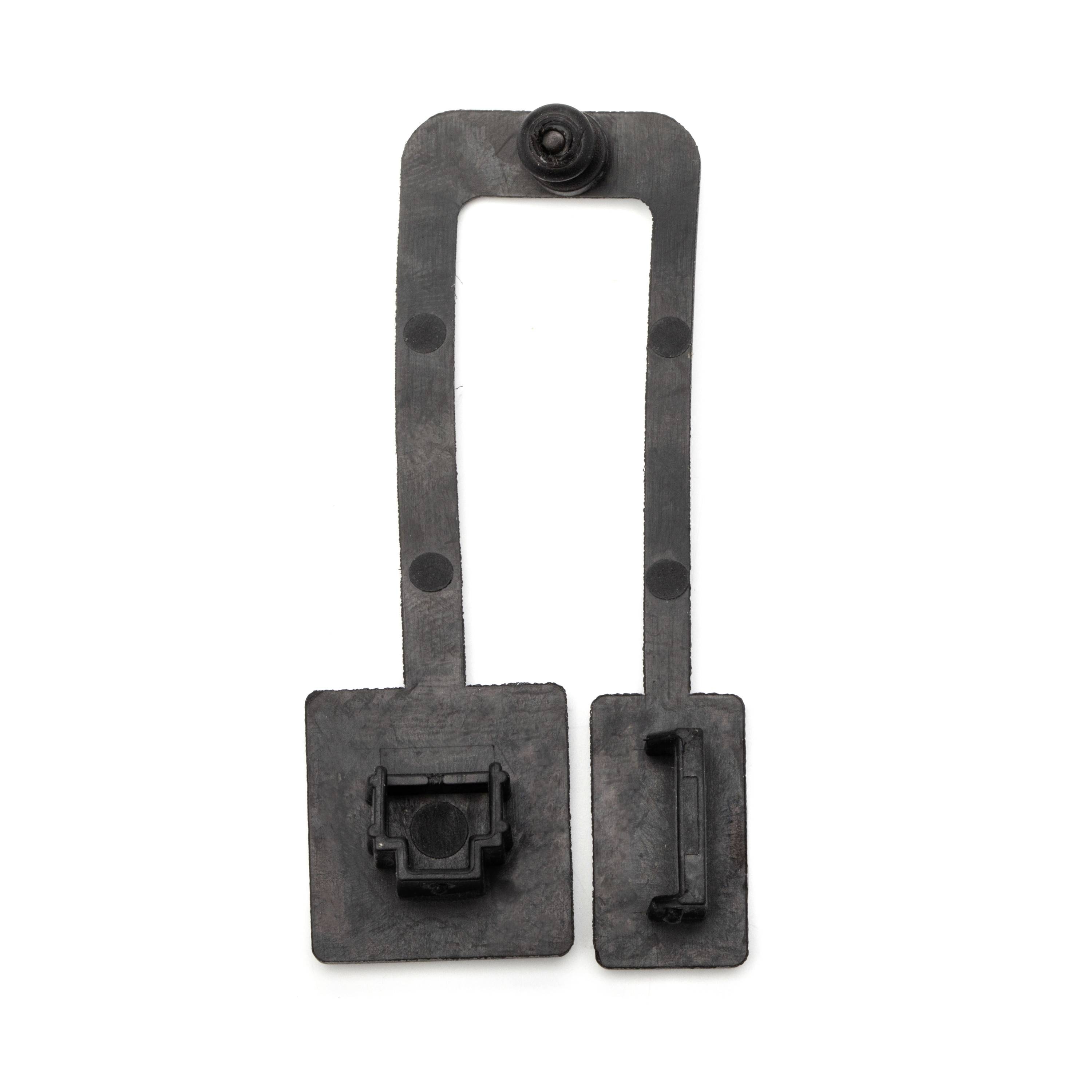 Dark metal U-shaped latch or clamp with two rectangular ends on a white background.