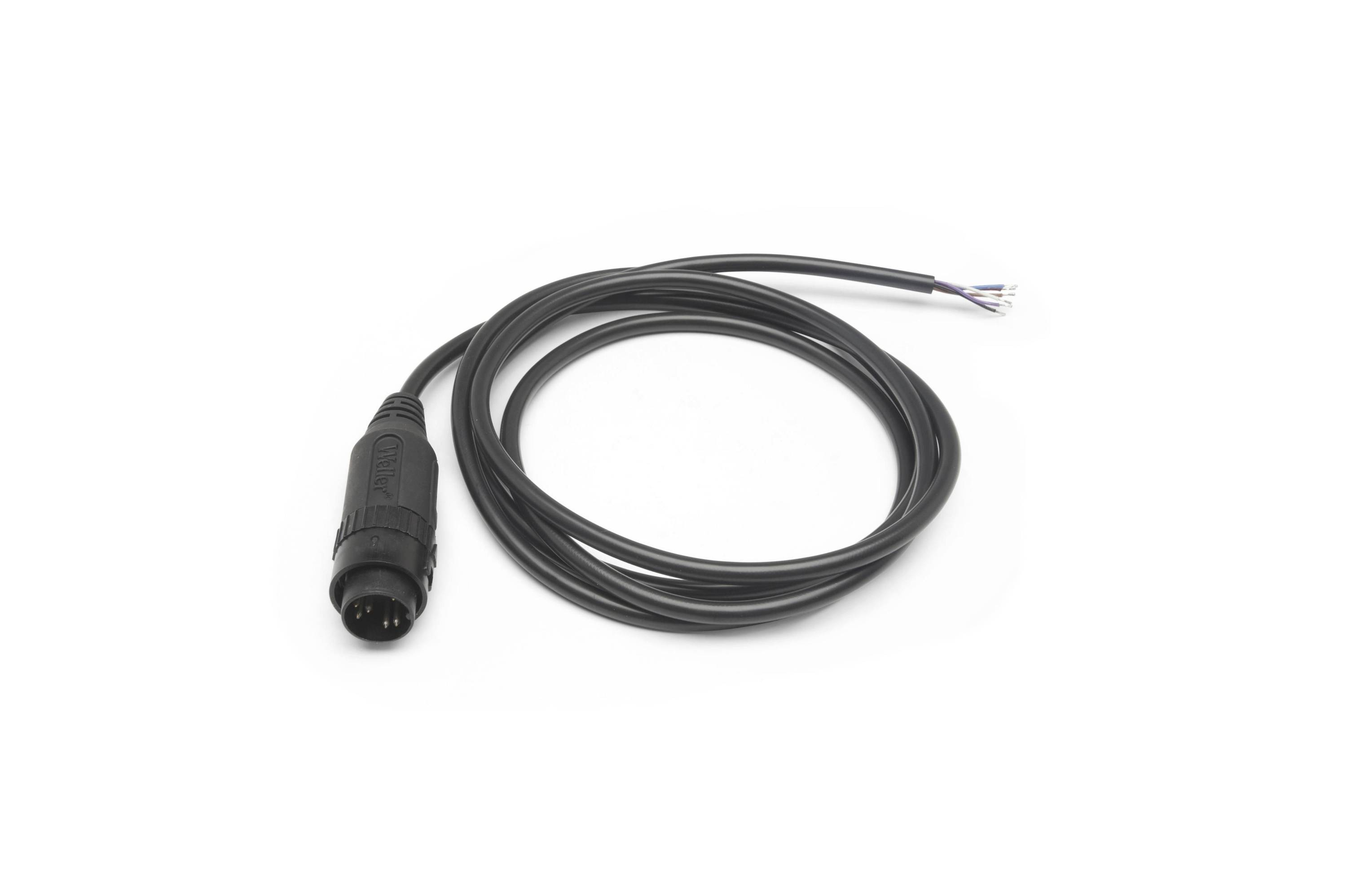 Black cable with a round multi-pin connector on one end and stripped wire leads on the other, shown coiled on a white background.
