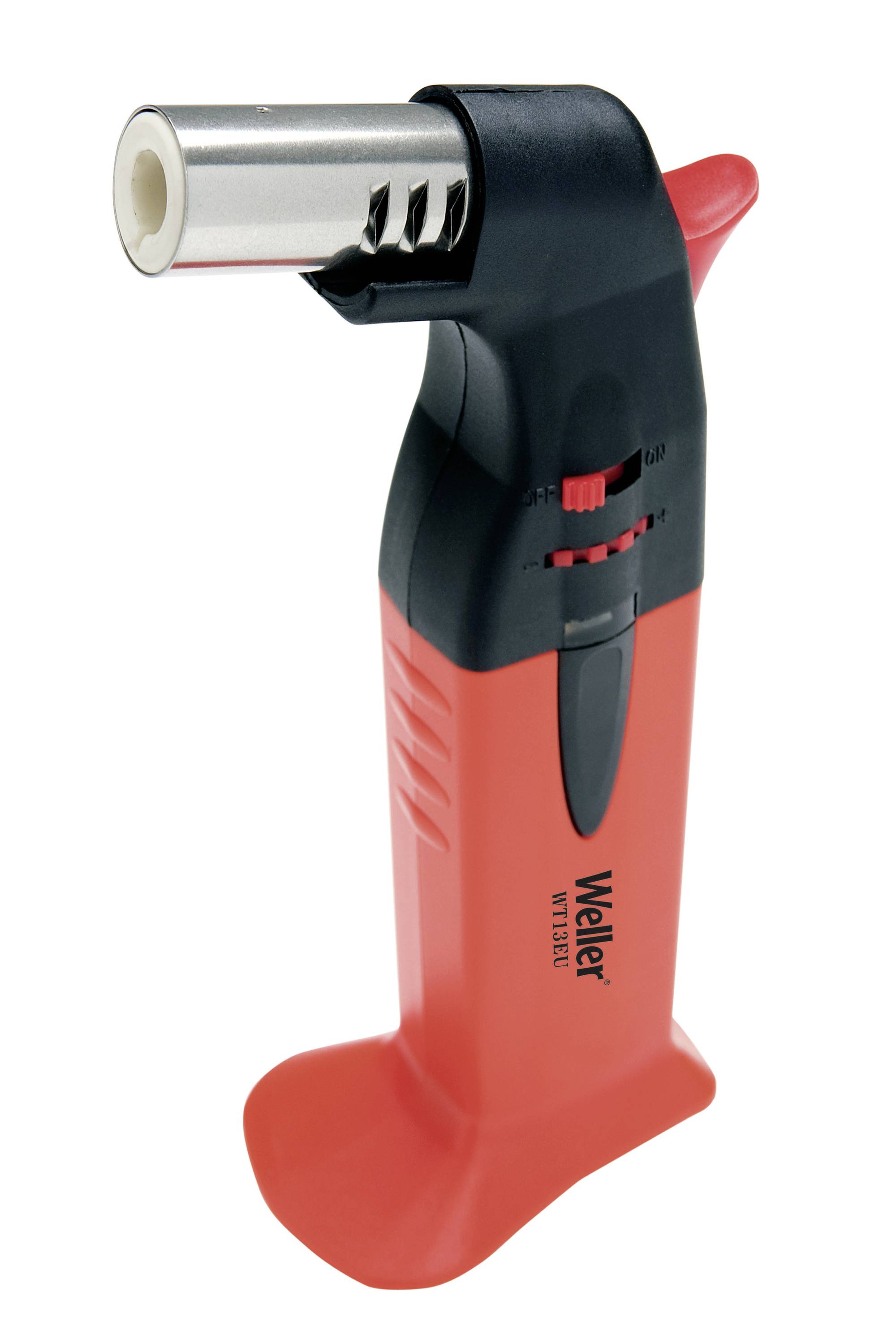 Red and black butane torch lighter with a silver nozzle, shown upright on a white background.