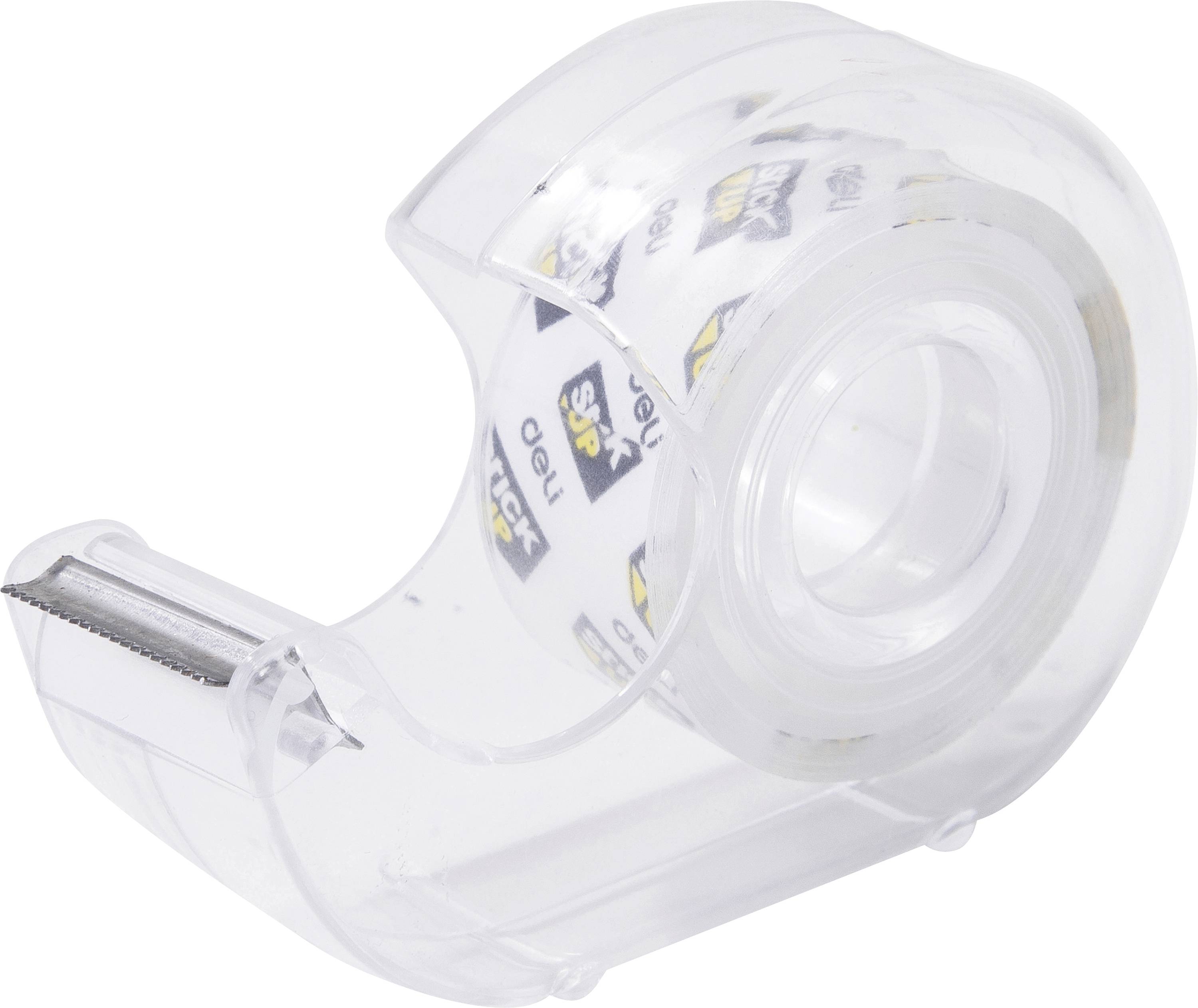 Durchsichtiger Kunststoff-Tapeabroller mit einer Rolle transparentem Klebeband, dargestellt auf weißem Hintergrund.
