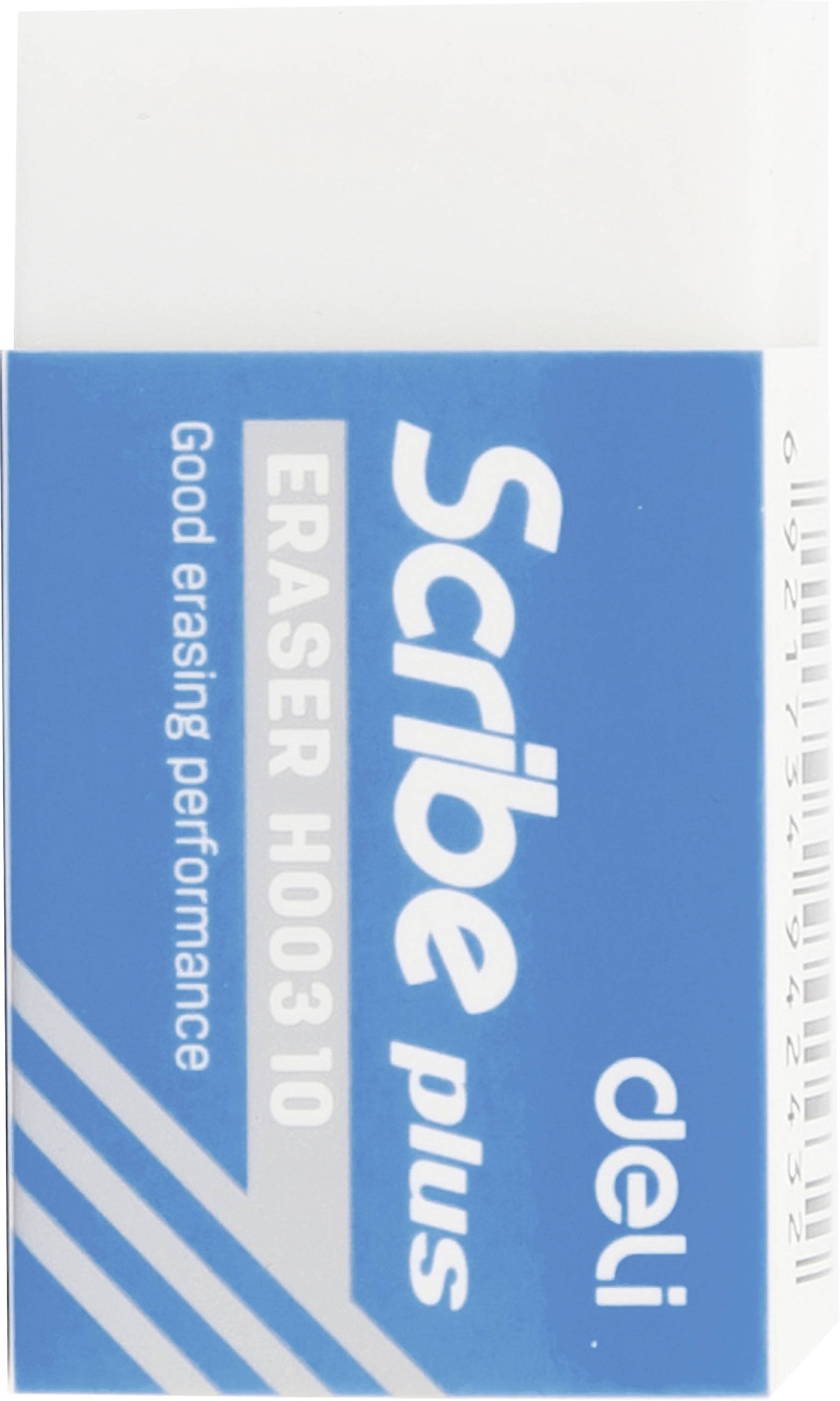Blue Deli 'Scribe plus' Radiergummi-Verpackung mit der Bezeichnung 'ERASER H003 10' und 'Good erasing performance' mit weißen Diagonalstreifen und einer Barcode-Seiteneinteilung.