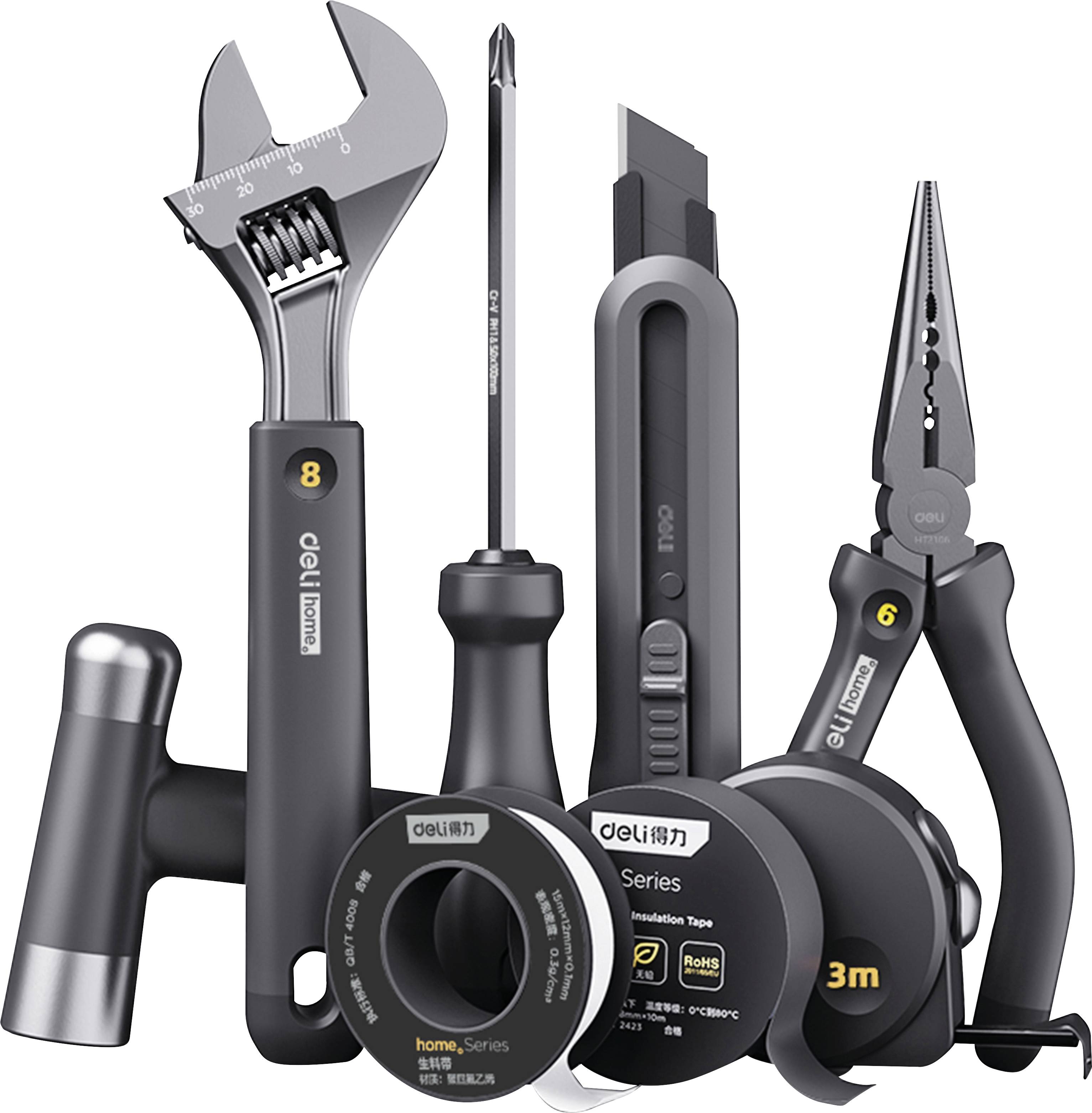 Gemischte Heimwerkerwerkzeuge und Materialien aus dem Baumarkt: verstellbarer Schraubenschlüssel, Hammer, Schraubendreher, Universalmesser, Zange und Stahllineal, angezeigt auf weißem Hintergrund.