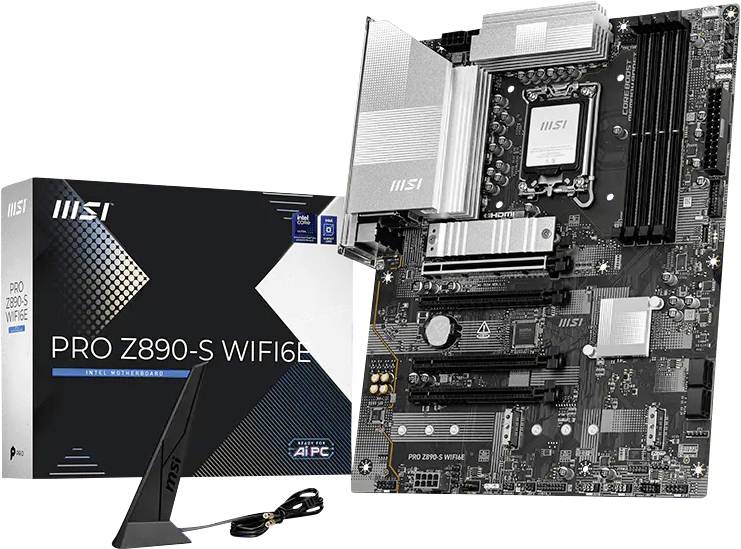 MSI PRO Z890-S WIFI6E-Motherboard mit Einzelhandelsverpackung, Ständer und Kabel, mit Unterstützung für Intel Core Ultra und PCIe-Steckplätze.