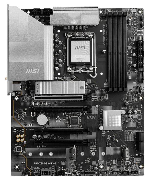 MSI PRO Z890-S WIFI6E Motherboard, zeigt CPU-Sockel, RAM-Steckplätze, PCIe-Steckplätze, Kühlkörper und Stromverbinder.