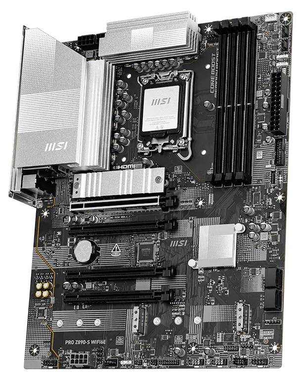 MSI PRO Z790-S WIFI Motherboard von oben gezeigt, mit CPU-Sockel, RAM-Steckplätzen, PCIe-Steckplätzen, Kühlkörpern und rückwärtigem I/O-Schild sichtbar.