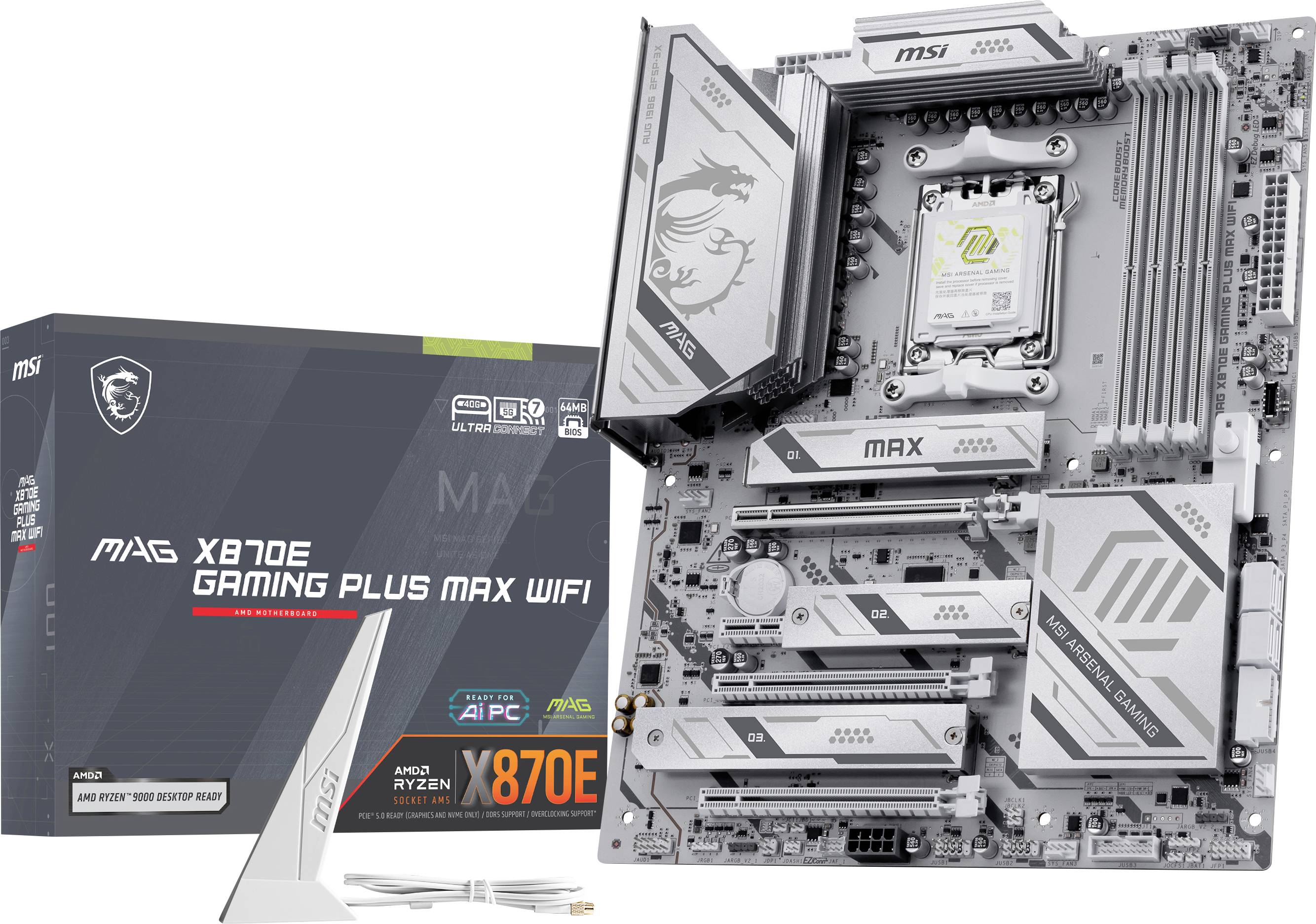 MSI MAG X870E Gaming Plus MAX WiFi Mainboard mit Verpackung und Funktionsabzeichen für AI PC, 40G, 5G, 64MB BIOS und Ultra Connect.