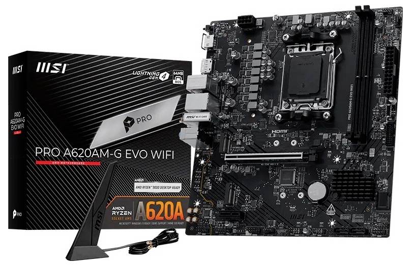 MSI PRO A620AM-G EVO WIFI Motherboard mit seiner Einzelhandelsverpackung und der mitgelieferten Wi-Fi-Antenne, für AMD Ryzen 7000/8000/9000 Prozessoren.