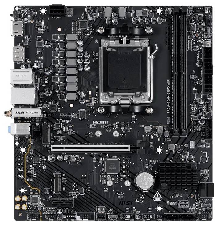 Draufsicht auf ein schwarzes MSI-Computerplatinen mit CPU-Sockel, RAM-Steckplätzen, PCIe-Steckplätzen, Steckverbindern und Kühlkörpern.