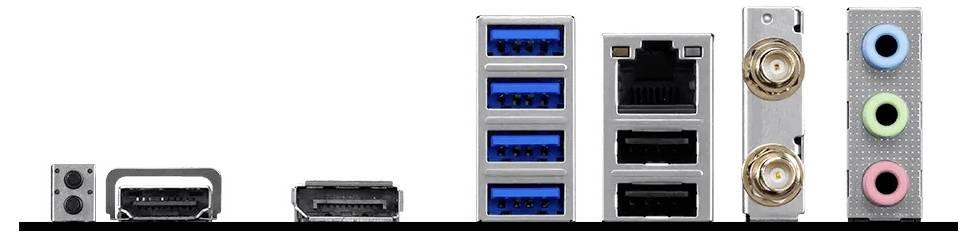 Nahaufnahme eines Computer-Motherboard-Rückseiten-I/O-Panels mit Audio-Buchsen, USB-Anschlüssen, Ethernet, Videoanschlüssen und gestapelten blauen USB 3.0-Anschlüssen.