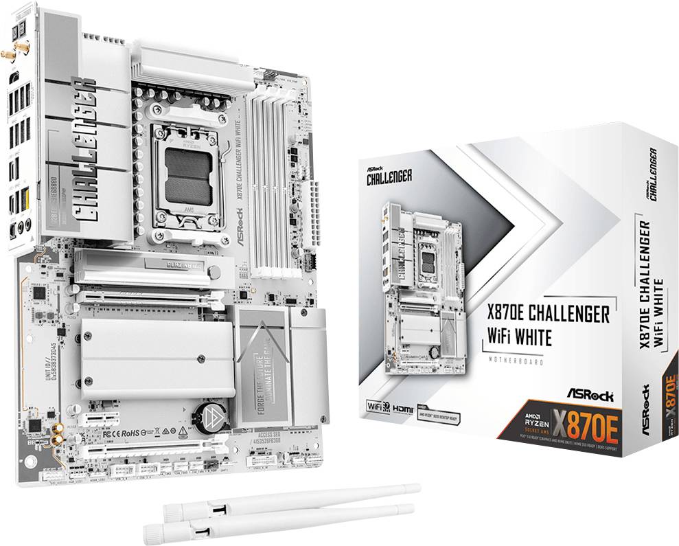 ASRock X870E Challenger WiFi White-Mainboard, abgebildet mit Einzelhandelsverpackung und zwei weißen Antennen auf weißem Hintergrund.