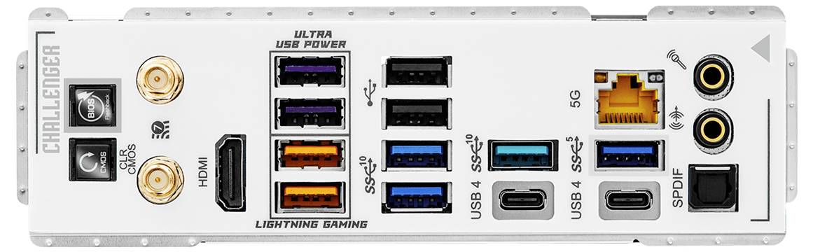 Rückseiten-E/A-Panel einer Motherboard mit dualen PS/2-Anschlüssen, HDMI, mehreren USB-Anschlüssen, Ethernet, Wi-Fi-Antennensteckern und Audiobuchsen.