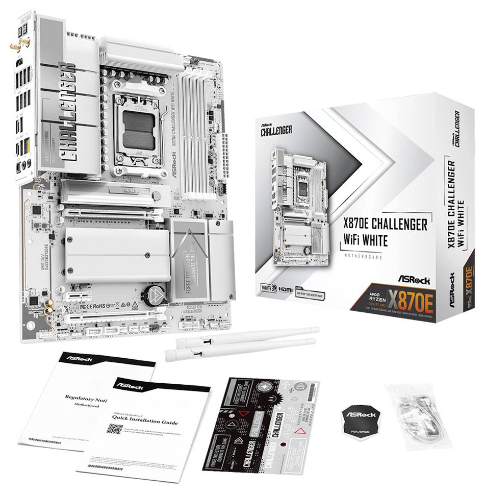 ASRock X870E Challenger WiFi Weiß-Motherboard mit Einzelhandelsverpackung und Zubehör: Handbücher, Aufkleber, Antenne und Kabel.