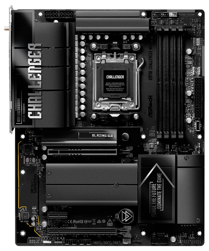 Schwarzes ASRock Challenger Motherboard mit Intel-CPU-Sockel, mehreren RAM-Steckplätzen, PCIe-Steckplätzen, Kühlkörpern und RGB-Beleuchtung.