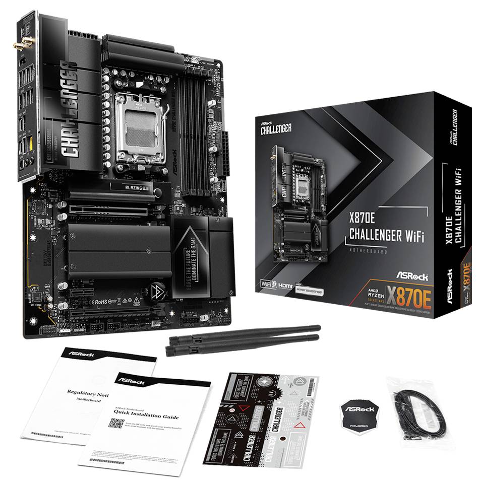 ASRock X870E Challenger WiFi Motherboard mit Einzelhandelsverpackung und mitgelieferten Zubehörteilen, einschließlich Bedienungsanleitungen, Aufklebern und Kabeln.