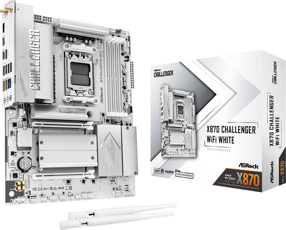 ASRock X870 Challenger WiFi White Motherboard, dargestellt mit seiner Einzelhandelsverpackung und zwei weißen Antennen.