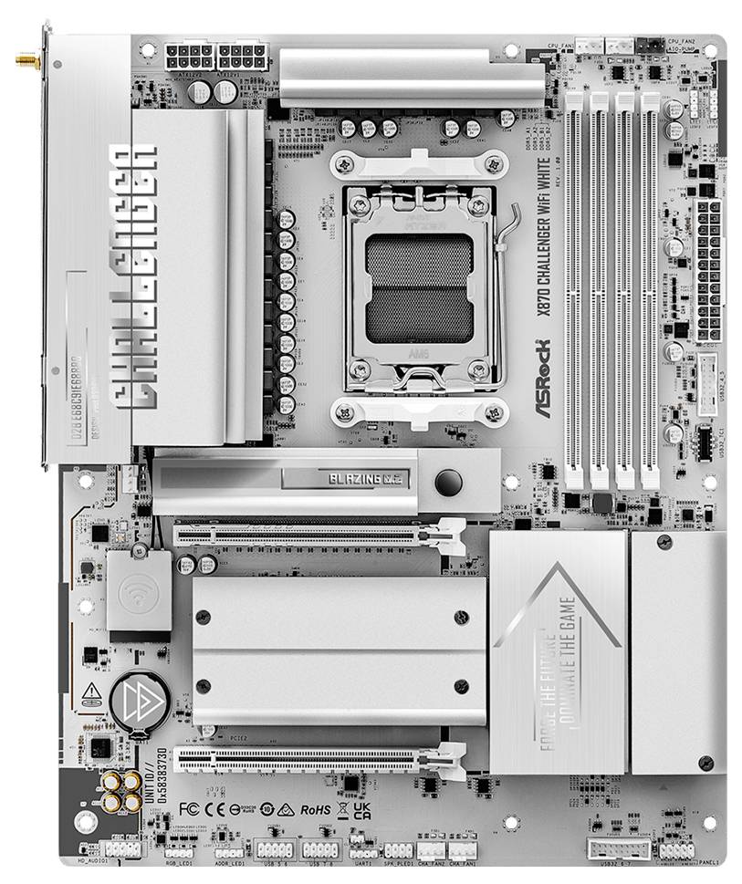 ASRock Challenger White-Mainboard mit Intel-CPU-Sockel, RAM-Steckplätzen, Erweiterungssteckplätzen, Kühlkörpern und Stromversorgungs-/Konnektivitätsanschlüssen.