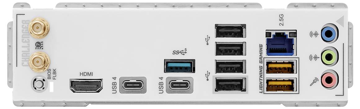Rückseite des Computerplatinen-E/A-Panels mit HDMI, USB-C, USB-A-Anschlüssen, Ethernet und farbcodierten Audiobuchsen.