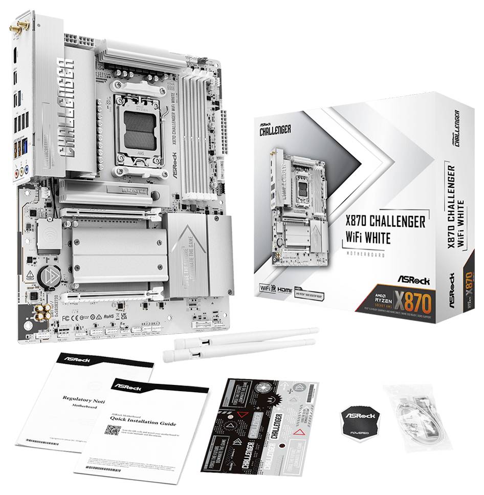 ASRock X870 Challenger WiFi White Motherboard mit Einzelhandelsbox, Handbüchern, Antenne und Zubehör auf weißem Hintergrund dargestellt.