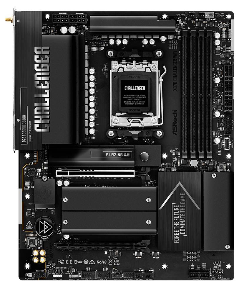 Schwarze ASRock-Mainboard 'Challenger' mit CPU-Sockel, RAM-Steckplätzen, PCIe-Steckplätzen und Text 'Verzeihe der Zukunft, dominiere das Spiel'.