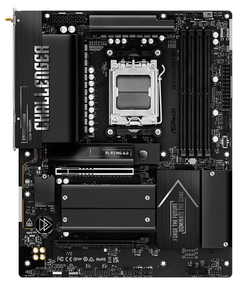 Draufsicht auf ein schwarzes ASRock Challenger Motherboard mit Intel-CPU-Sockel, RAM-Steckplätzen, PCIe-Steckplätzen und Kühlkörpern.