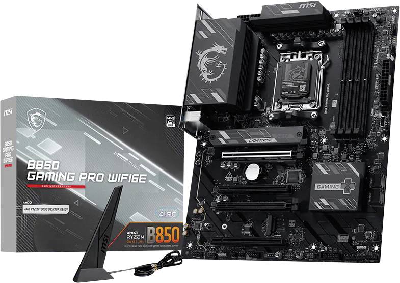 MSI B850 Gaming Pro WiFi Motherboard mit Originalverpackung, Antenne und installierten Komponenten auf weißem Hintergrund dargestellt.