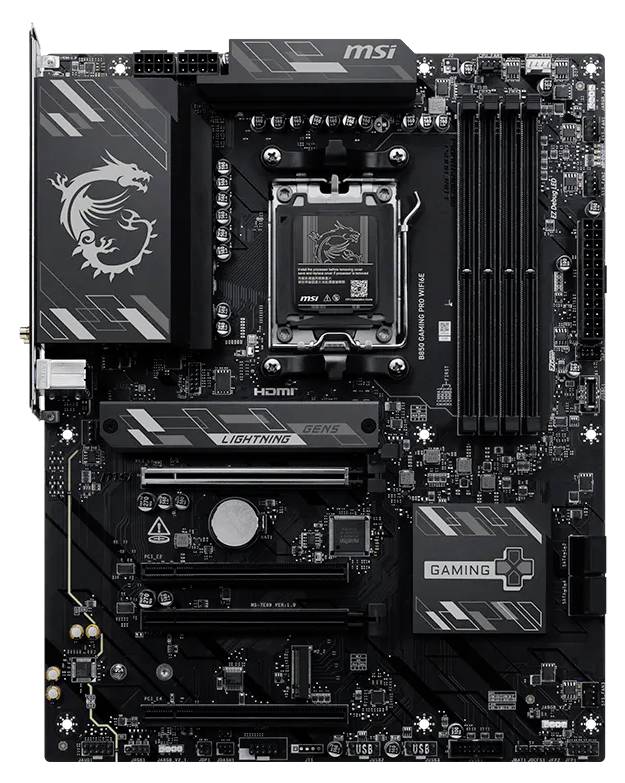 MSI Gaming Motherboard mit AMD Socket, mehrere RAM- und Erweiterungssteckplätze, M.2 Kühlkörper und 