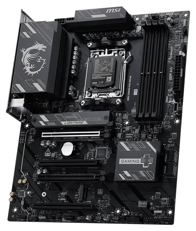 MSI Gaming-Mainboard mit Intel-CPU-Sockel, vier RAM-Steckplätzen, mehreren PCIe-Steckplätzen und großen Kühlkörpern auf einer schwarzen Leiterplatte.