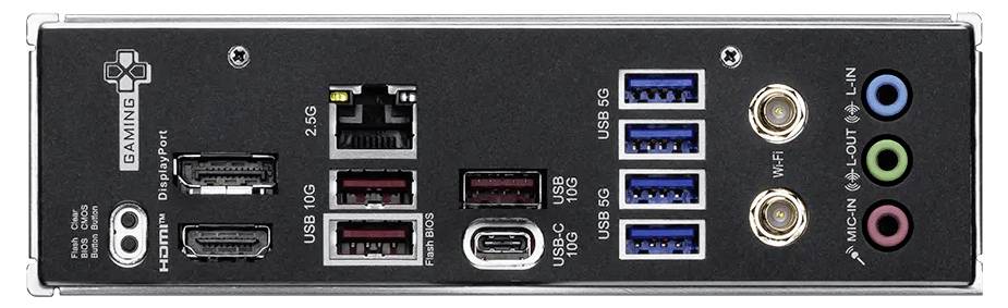 Rückseite-E/A-Panel eines Gaming-Motherboards mit Anschlüssen, die als Gaming LAN, HDMI, PS/2, USB 3.0, USB 2.0, USB 3.1, Wi-Fi-Antenne und Audio-Buchsen gekennzeichnet sind.