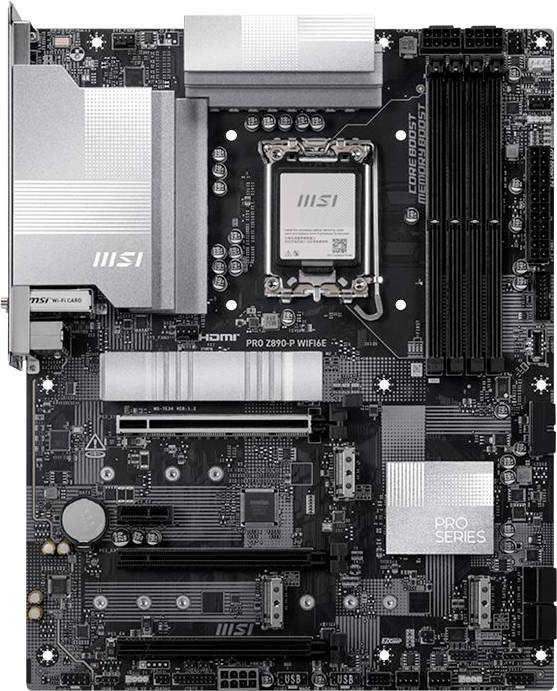 MSI PRO Serie ATX-Motherboard mit Intel-CPU-Sockel, vier RAM-Steckplätze, mehrere PCIe-Steckplätze und große silberfarbene Kühlkörper.