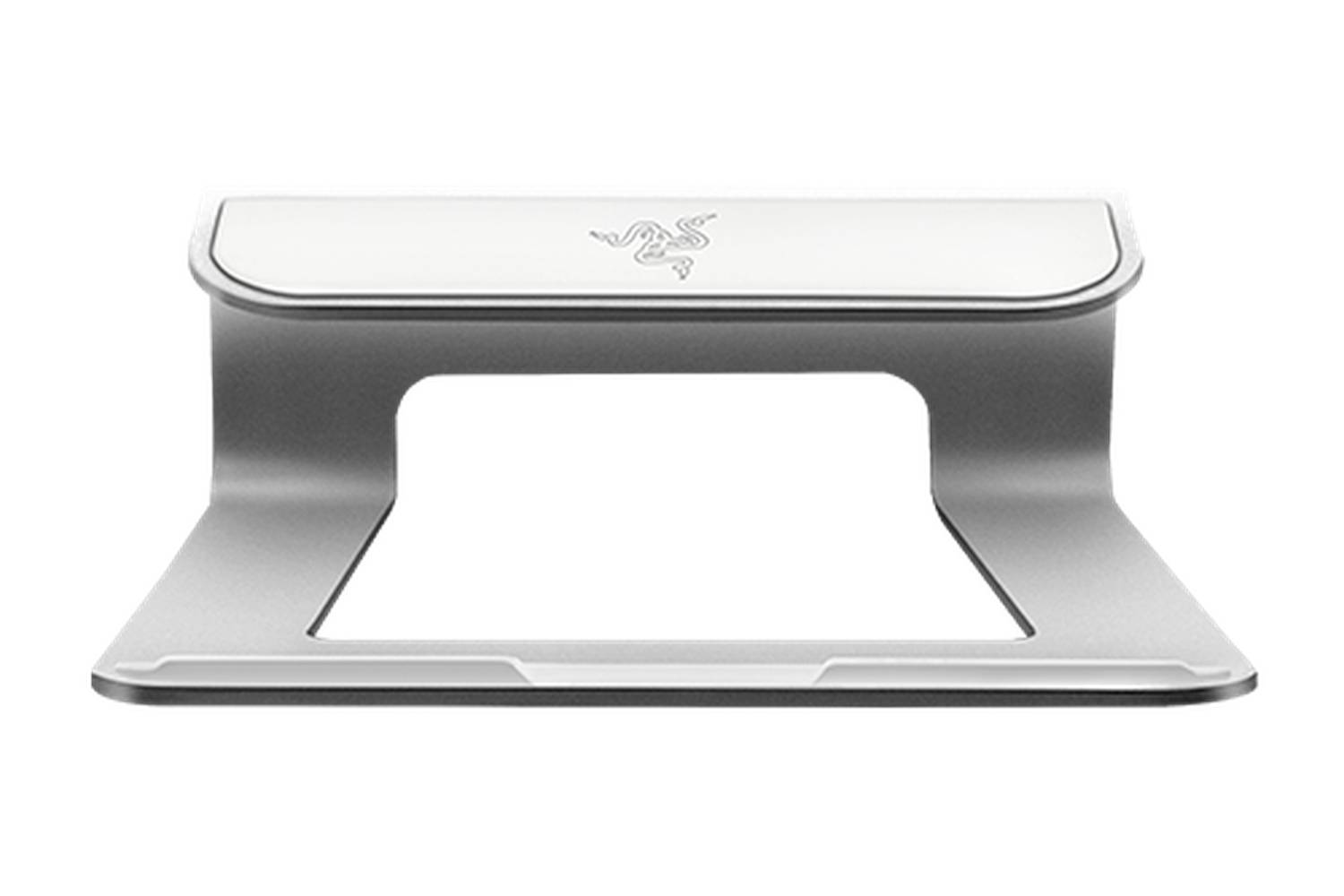 Silberner Laptopständer mit geschwungenem, offenem Tragedesign und Razer-Logo auf weißem Hintergrund.