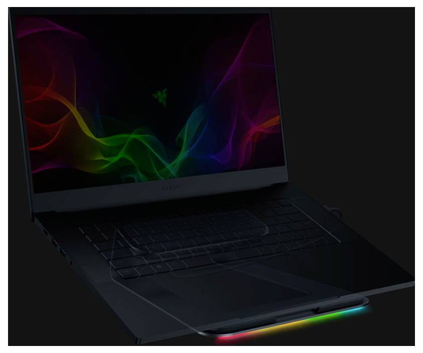 Gaming-Laptop in Dunkelgrau mit einer lebendigen Regenbogenwelle auf dem Bildschirm und einer RGB-beleuchteten Vorderkante vor schwarzem Hintergrund.
