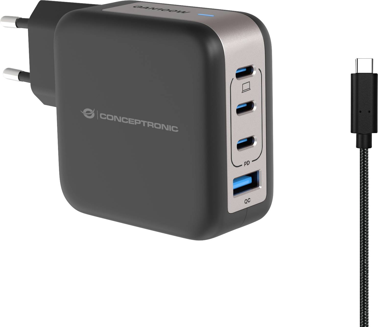Concepttronic Wandladegerät mit zwei Steckern, drei USB-C-Anschlüssen, einem USB-A-Anschluss und einem daneben abgebildeten USB-C-Kabel.