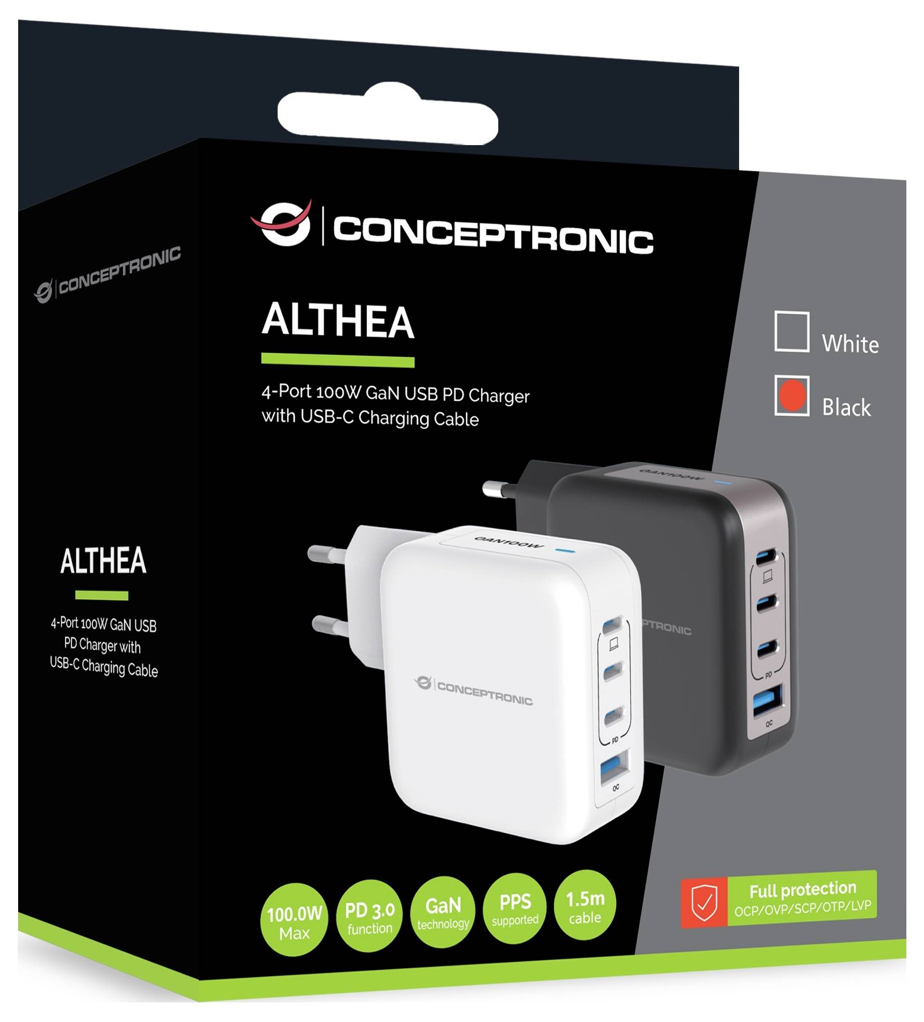 Conceptronic ALTHEA18B 100W 4-Port GaN USB PD Charger USB Ladegerät USB-A, 3x USB-C® Schwarz