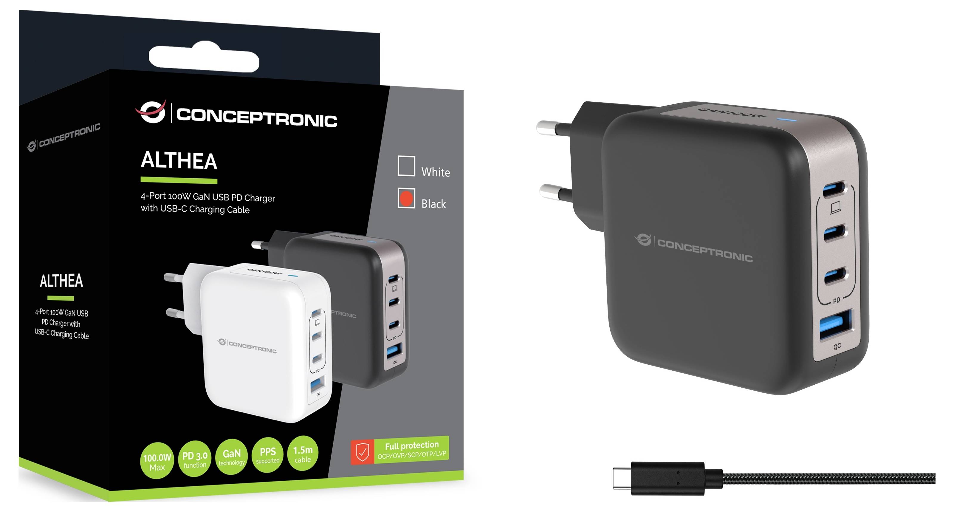 Conceptronic ALTHEA18B 100W 4-Port GaN USB PD Charger USB Ladegerät USB-A, 3x USB-C® Schwarz